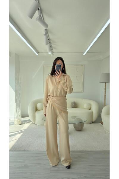 LUUNA STORE Beige Satin Shawl Suit