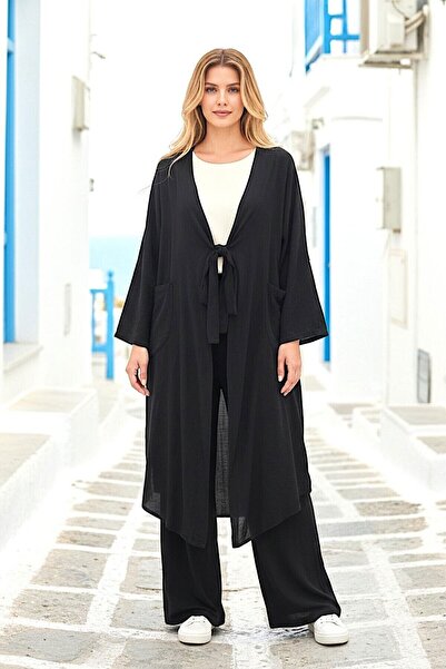 bacc Μαύρο Με δέσιμο Κιμονό Λινό Σετ