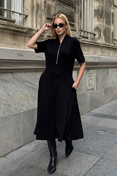 bacc Μαύρο φόρεμα με μισό μανίκι και φερμουάρ