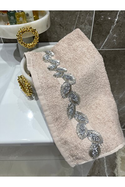 Rose Beige Gümüş Taşlı Çeyizlik Havlu