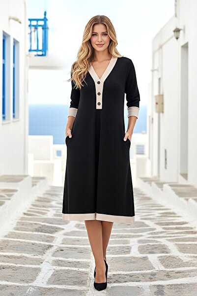 loia Γυναικείο μαύρο φόρεμα με κουμπιά μέχρι το στήθος από ύφασμα Modal, κομψ...