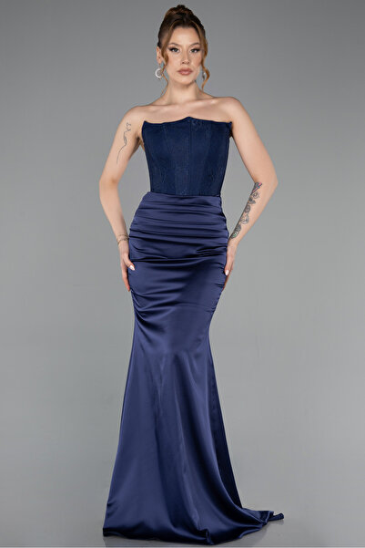 Abiyefon Lacivert Straplez Dantel Korsajlı Uzun Saten Balık Abiye ABU5606