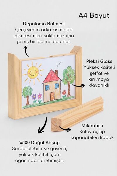 pufien Çocuk Resim Çerçevesi, Resim Saklama Bölmeli, Mıknatıslı Kapaklı, A4 B...
