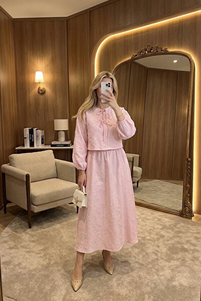 Lusin Women's Candy Pink Floral Embroidered Shirt Elastic Waist Lined Skirt B...