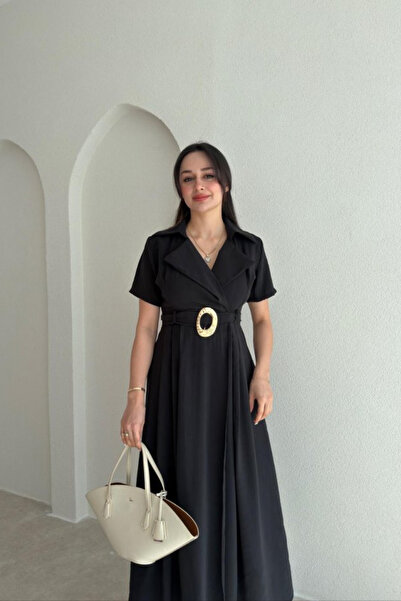 MOZENA Double-Breasted Collar Belted Tencel Fabric Midi Dress