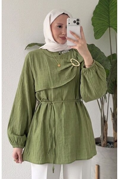 ÇİZGİ Gold toka detaylı lilyum kumaş tunik