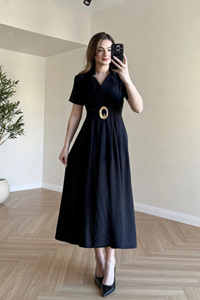 MOZENA Rochie midi din țesătură Tencel, cu guler dublu și detaliu curea în talie