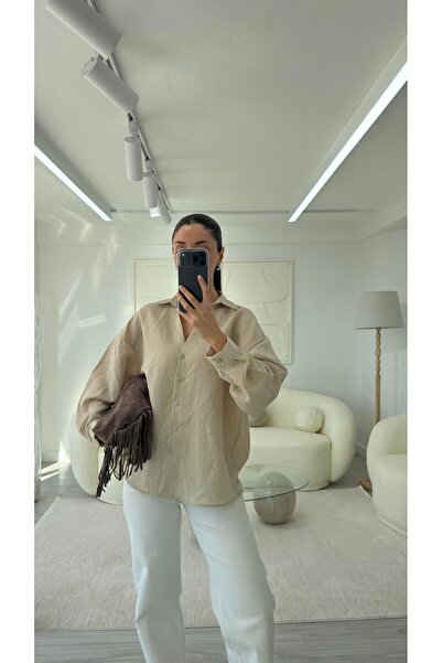 LUUNA STORE Striped Oversized Shirt - Beige