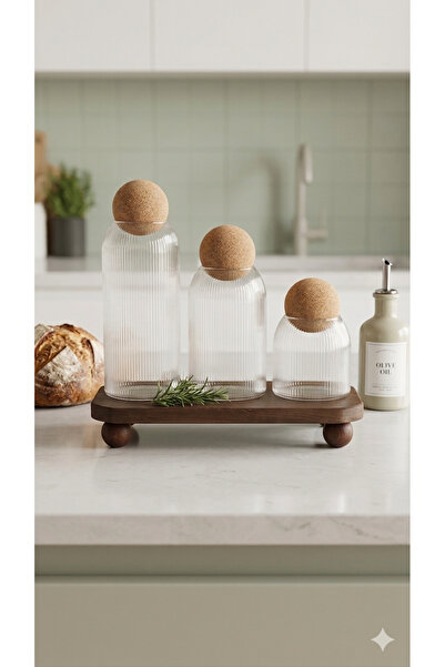 Dia Set of 3 Glass Jars with Ball Cork Lids and Wooden Stand Spice Jar Set