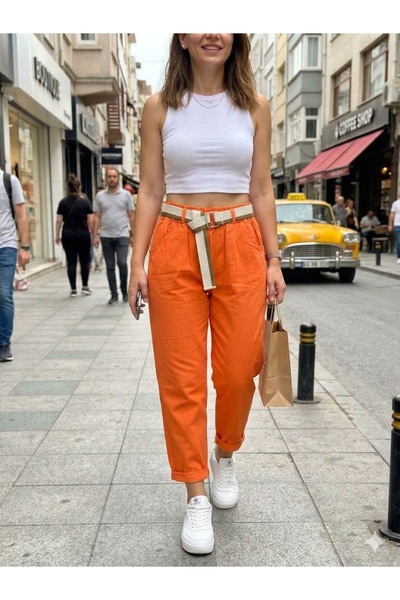 AYASOFYA OTANTIK Women's Italian Orange Elastic Waist Plain Pattern Carrot Tr...