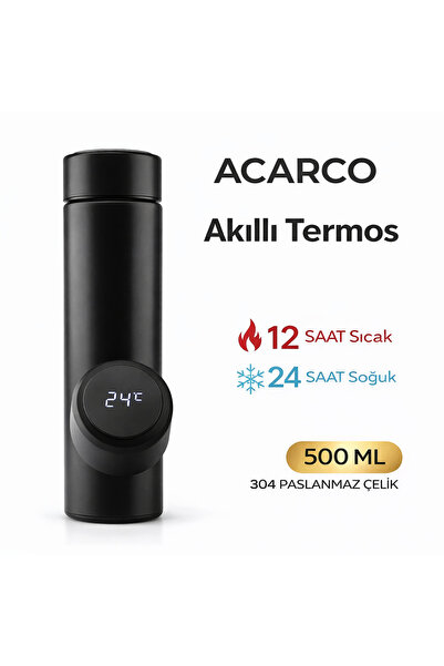Acarco Siyah Akıllı Termos Dijital Led Göstergeli Dereceli Termos 500 ML