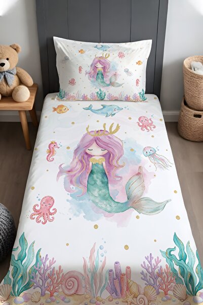 EVPANYA Denizkızı ve Dostları Desenli Yatak Örtüsü ve Yastık Kılıfı