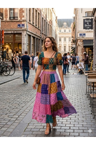 AYASOFYA OTANTIK Women's Nepal Pink Ethnic Pattern Patchwork Long Skirt with ...