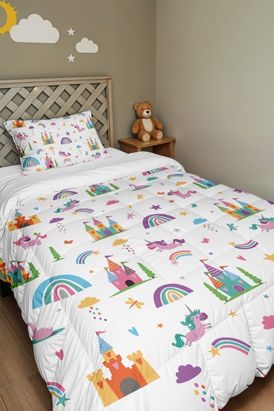 EVPANYA Unicorns' Castle Kingdom Patterned Single Duvet and Pillowcase