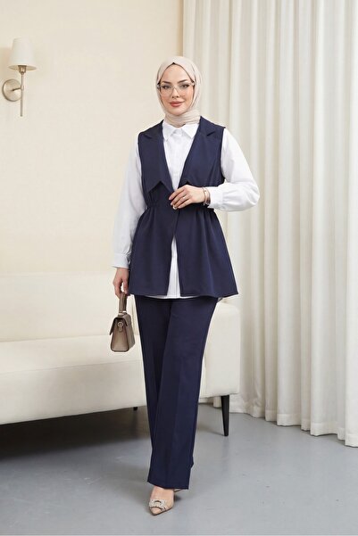 Modamorfo Double-breasted collar elastic waist vest pants modal set - navy