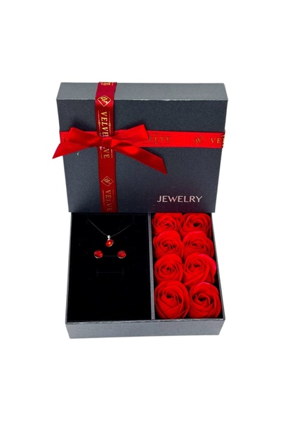 velve Luxury gift box with red soap roses and silver jewelry set with Swarovs...
