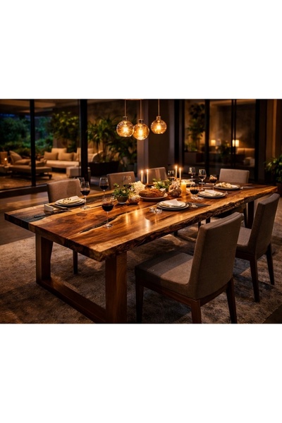 Home Doğal Masif Ahşap Epoksi Yemek Masası – El Yapımı Özel Tasarım (Flowwood)