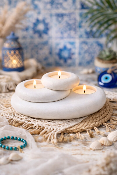 Sabletscrafts Dekoratif Taş Mumluk 3’lü Set | Beton Görünümlü Beyaz Tealight ...
