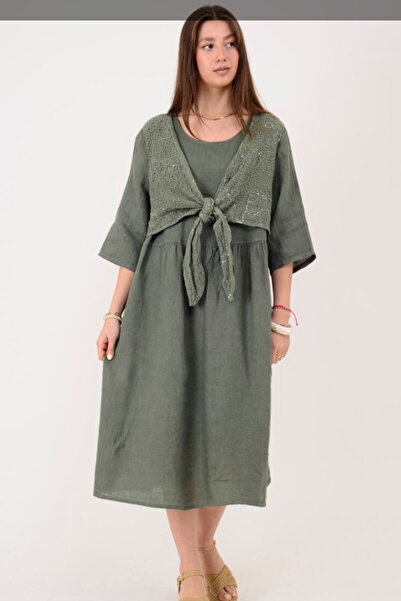 AYASOFYA OTANTIK Women's Italian Khaki Sequin Embroidered 100% Linen Midi Dress