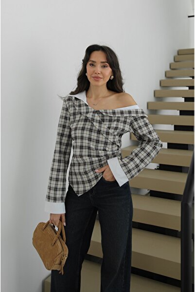 Havoş Μπλούζα με ασύμμετρο καρό σχέδιο και λεπτομέρεια σε μπεζ χρώμα