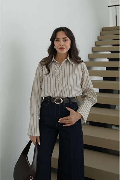 Havoş Bej Sırt Pliseli Çizgili Gömlek