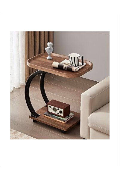 OEM Side Table with Wheels, Curved Design, Wood + Metal, Multifunctional, Liv...