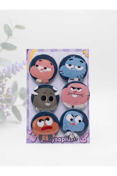mellysaplush Gumball ve Ailesi 6'lı Broş ve Rozet Seti - 44 mm
