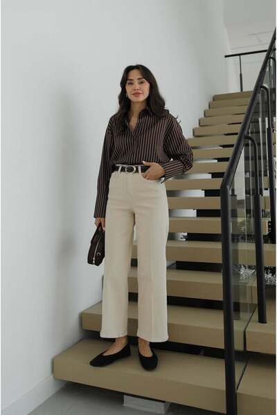 Havoş Blugi bej tip culotte cu talie înaltă și curea