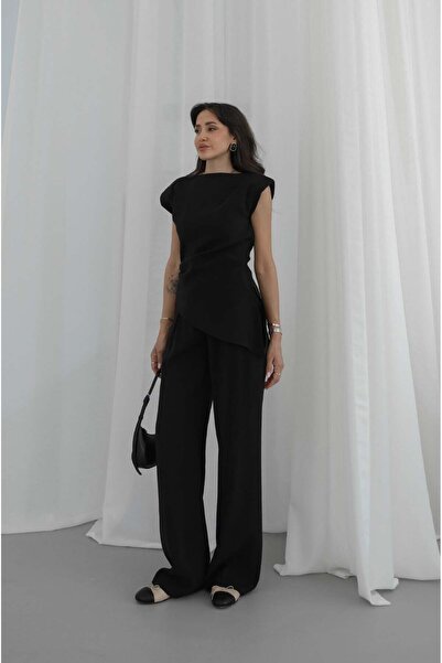 Havoş Black Backo Padded Asymmetrical Blouse and Pants Set
