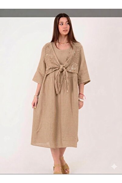 AYASOFYA OTANTIK Women's Italian Beige Sequin Embroidered 100% Linen Midi Dress