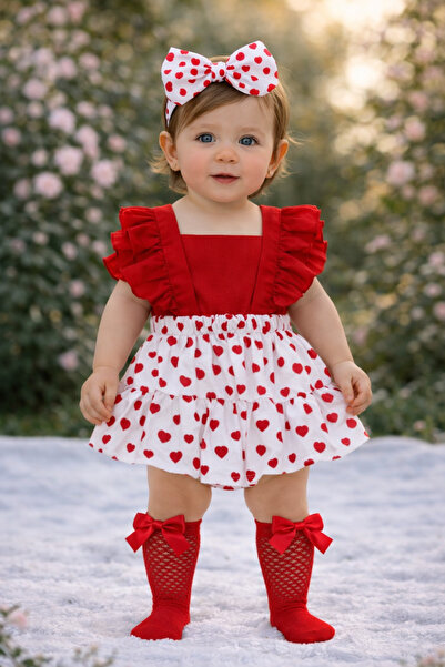 ŞAPKAKİDS Kız Çocuk Kalp Desen Fırfırlı Slopet Bandana Ve Kırmızı File Çorap Set