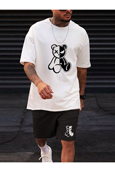 MİDAD Ayi Printed Cotton Fabric Men's White T-Shirt-Black Shorts Set