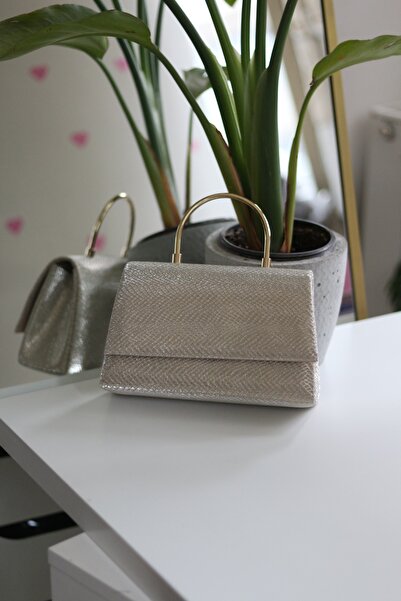 Moom Bag Women's Gold Snakeskin Patterned Metal Handle Detailed Shoulder Bag