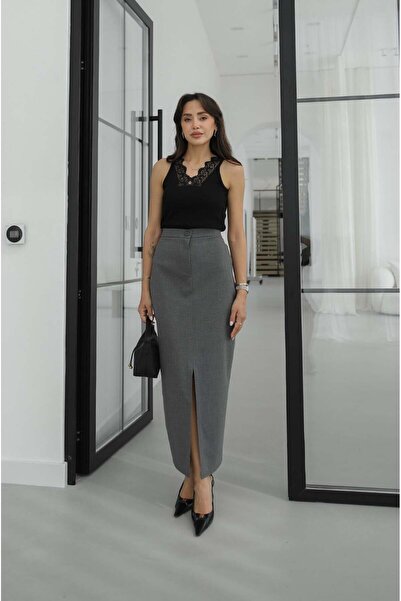 Havoş Gri Pencil Önden Yırtmaçlı Etek