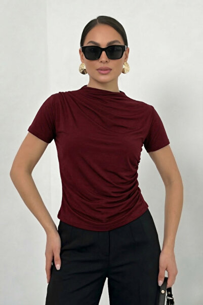 spirituel Tricou de damă cu mânecă scurtă, cu detaliu drapat la guler și tali...