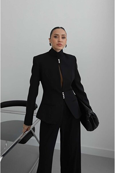 Havoş Black Pearl Button Detailed Padded Blazer Jacket