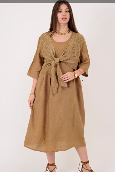 AYASOFYA OTANTIK فستان نسائي إيطالي متوسط الطول من الكتان بنسبة 100% مطرز بال...