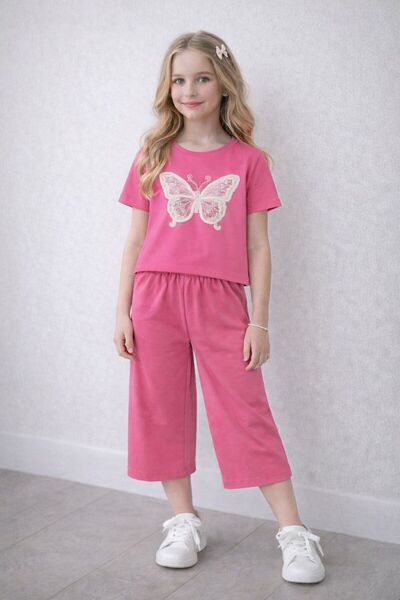 wees mod Kız Çocuk Kelebek Nakışlı Takım Pamuklu Yazlık Şık ve Rahat 2li Set