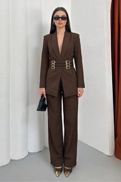 AKD Atelier Set de damă din două piese, elegant, cu centură aurie, sacou căpt...