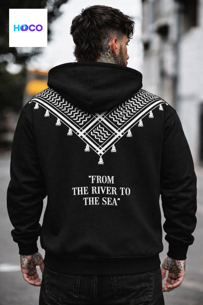 Hooco Keffiye Desenli Oversize Kapüşonlu Hoodie Unisex 3 İplik Şardonlu Pamuklu