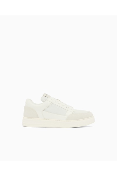 Emporio Armani Men's Suede and Mesh Details Lace-Up Rubber Sole White Sneaker...