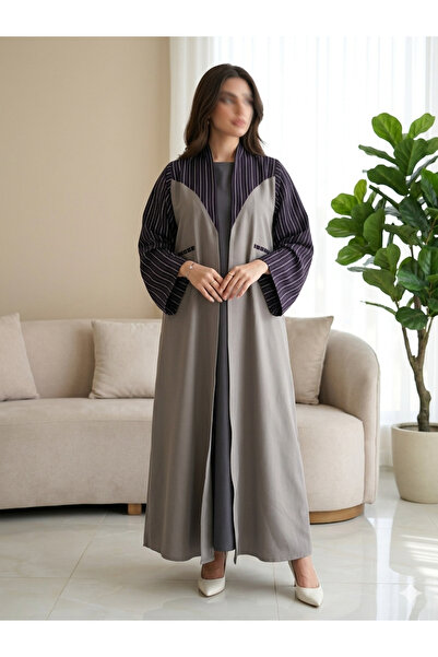 Shamouk Luxury Open Abaya for Women – Elegant Grey Flowing Design with Stripe...