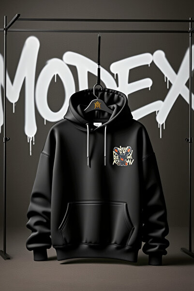 MODEX STYLE سويت شيرت أسود كبير الحجم للجنسين مطبوع من الخلف مصنوع من القطن ب...