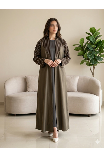 Shamouk عباءة فاخرة مفتوحة للنساء - تصميم أنيق باللون الرمادي مع لوحة علوية م...