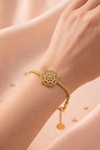 Kadın 316L Çelik Gold Mandala Çiçeği Bileklik - Turkuaz Taşlı Zirkonlu Yılan Zincir Kararmaz Takı