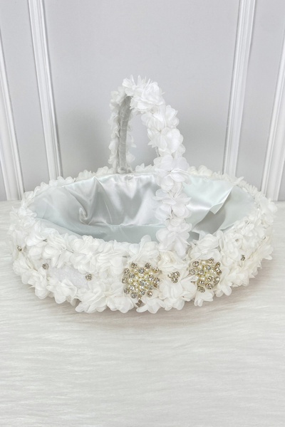 ZEYMERADE White Bridal Basket, Velvet Silver Shiny Stone and Flower Decoratio...