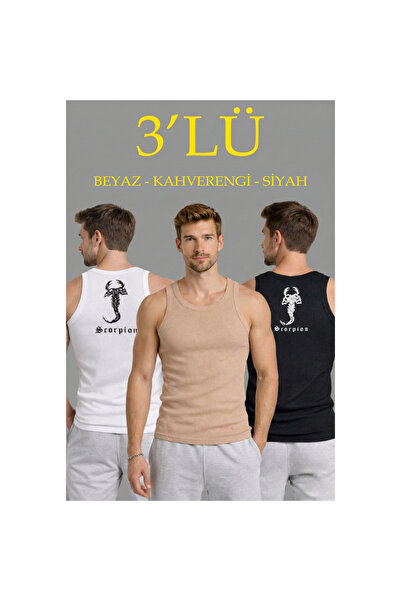 Narnuga Men's Sports Ribbed Undershirt Set of 3 White Black Brown Slim Fit Ca...