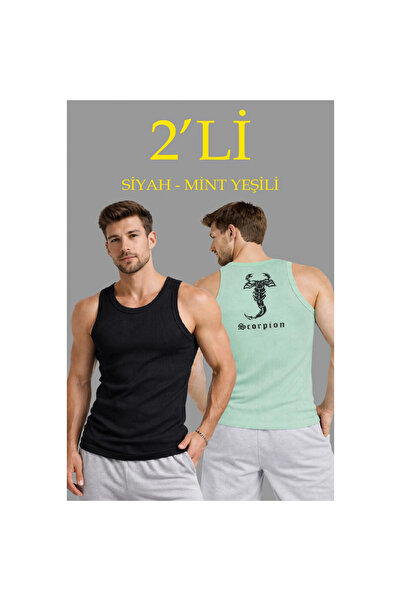 Narnuga Men's Sports Ribbed Singlet Set of 2 Black and Mint Green Slim Fit Ca...