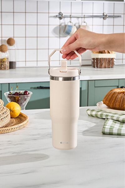 Emsan Star Ice Pipetli Çelik Sızdırmaz Termos Krem 900 ml