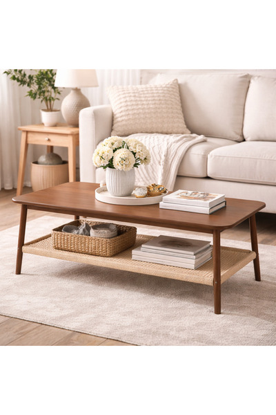 Crestj Elegant wooden coffee table with a lower storage shelf, measuring (121...